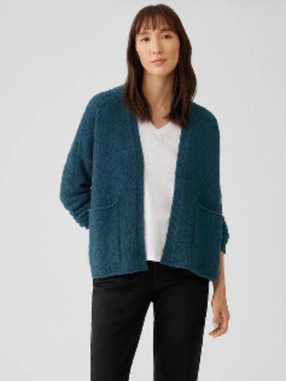 Eileen Fisher Open Front Cardigan in Deep Teal Pockets Organic cotton cashmere